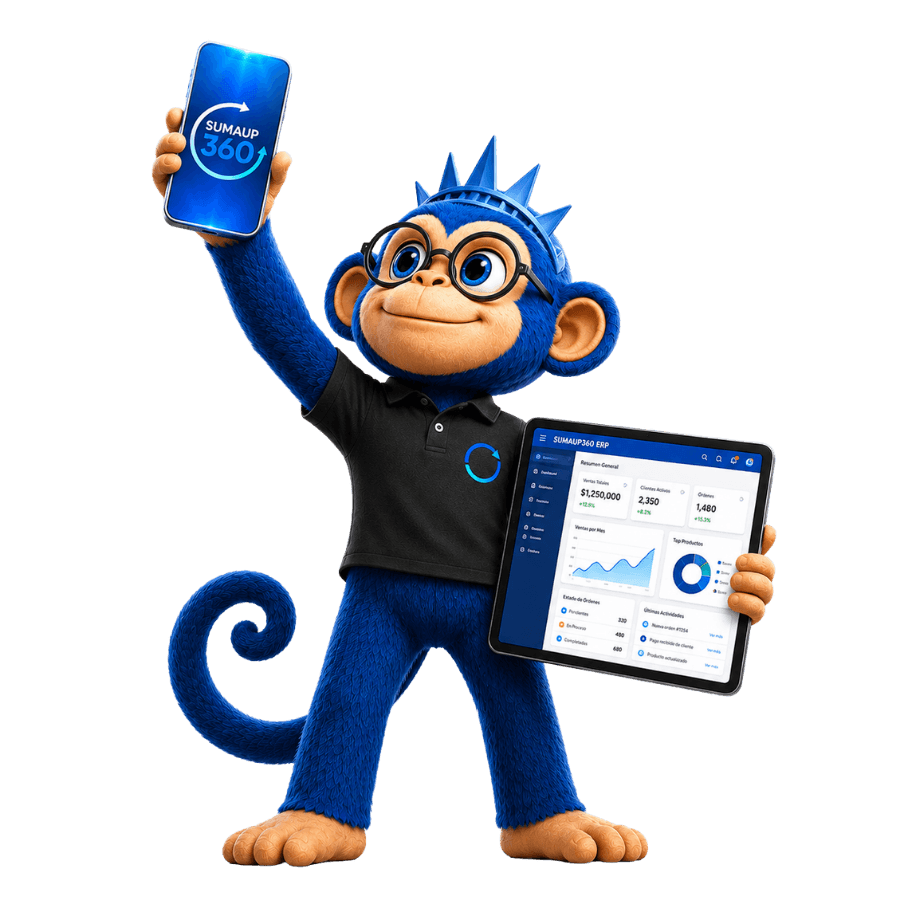 Suma levantando la mano mostrando la App y el ERP web de SUMAUP360 en su tablet